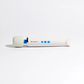 White rechargeable mini wand massager with blue buttons on a plain background