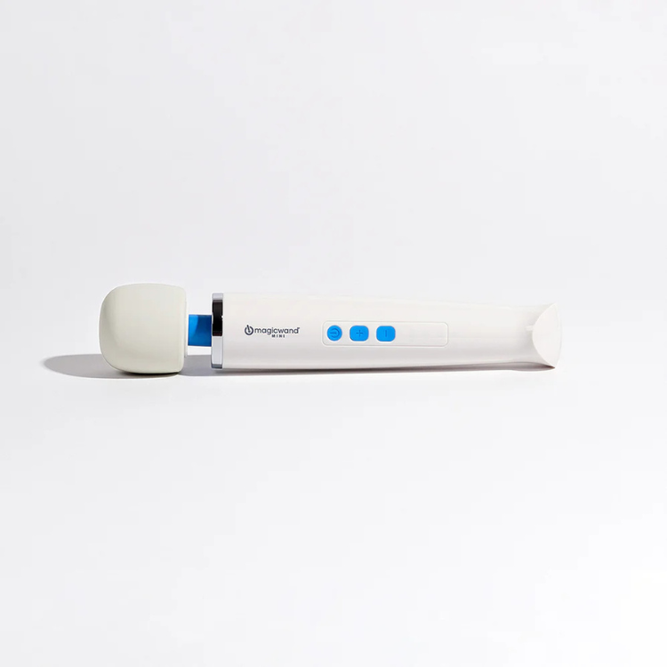 White rechargeable mini wand massager with blue buttons on a plain background