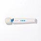 White and blue rechargeable mini massager with rounded head on plain background