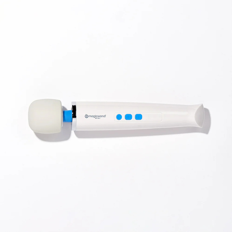 White and blue rechargeable mini massager with rounded head on plain background
