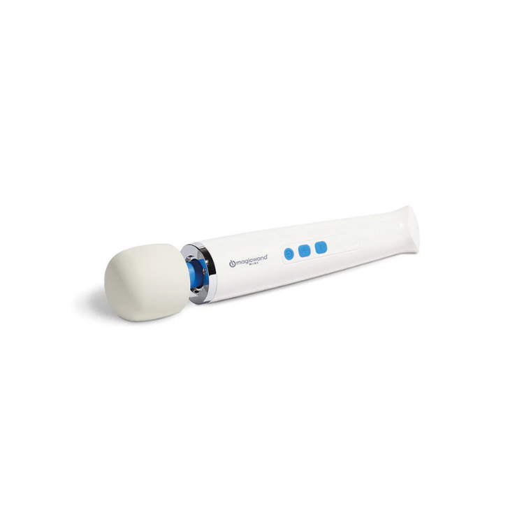 Rechargeable white massage wand with blue buttons on a plain background