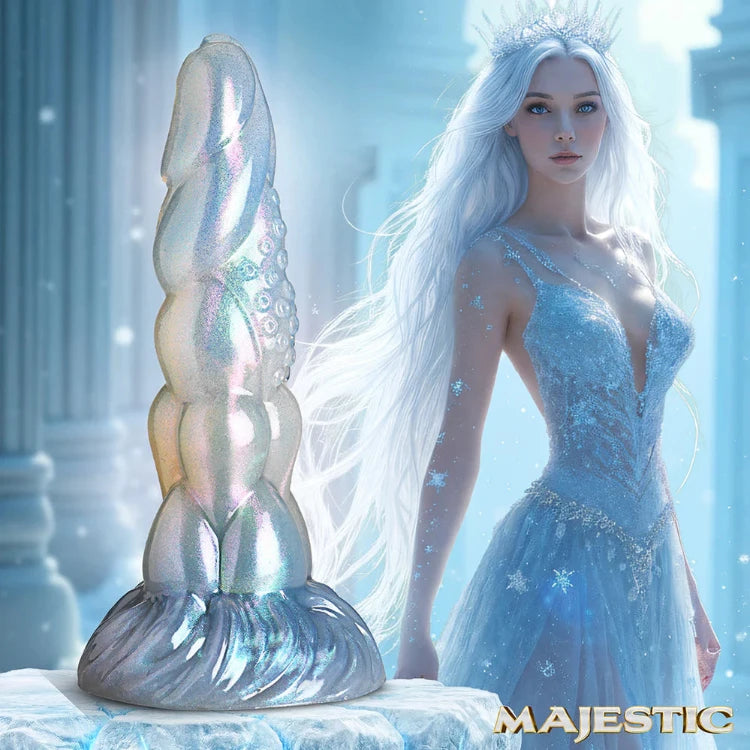 Iridescent luxury adult toy beside ethereal queen in icy blue gown, fantasy-themed design