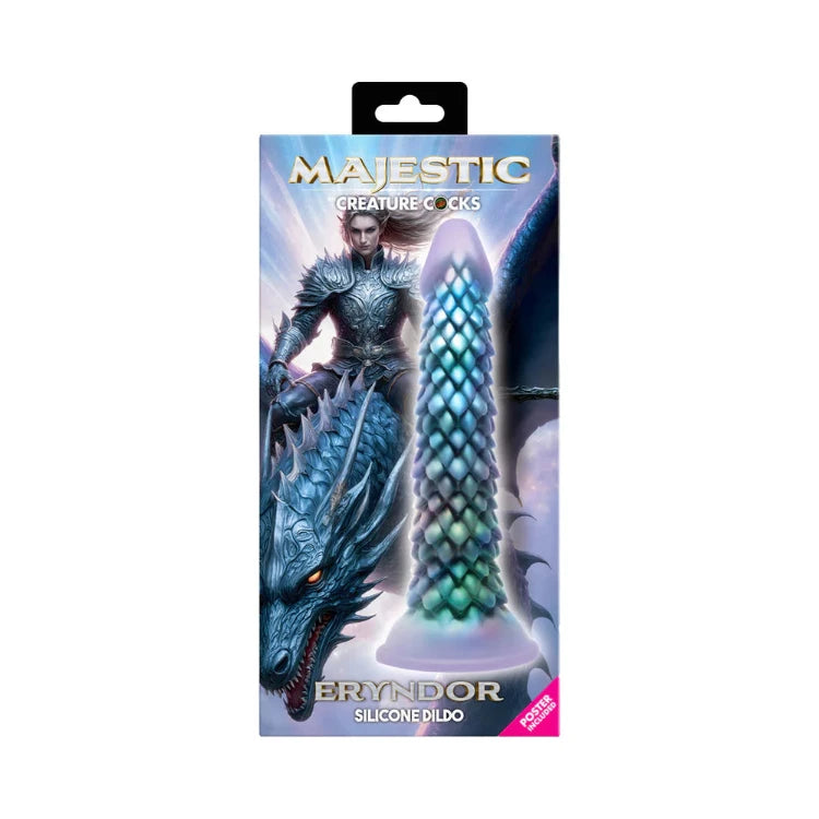 Majestic Eryndor Silicone Dildo with dragon scale texture, fantasy-themed adult toy packaging