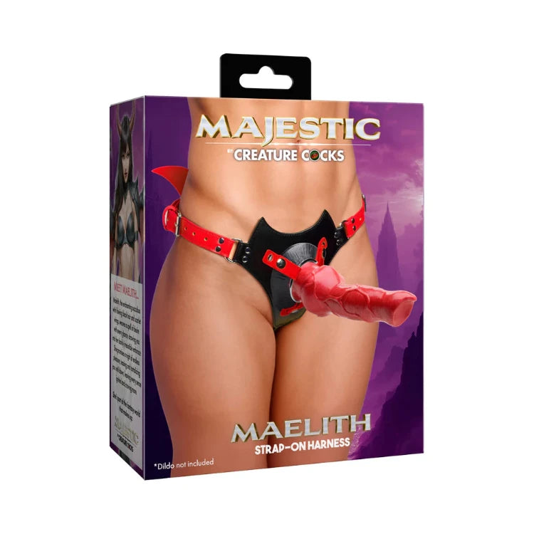 Majestic Creature Cocks Maelith strap-on harness with red accents, designed for intimate play and fantasy exploration.