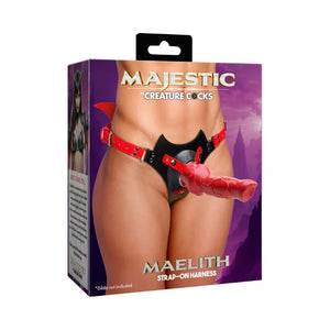 Majestic Creature Cocks Maelith strap-on harness with red accents, designed for intimate play and fantasy exploration.