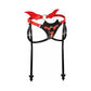 Red and black devil-themed harness with winged straps and arrow-tipped garters for adult play