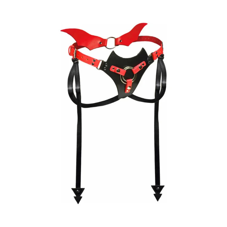 Red and black devil-themed harness with winged straps and arrow-tipped garters for adult play