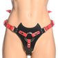 Black and red leather harness with metal ring and devil horns design