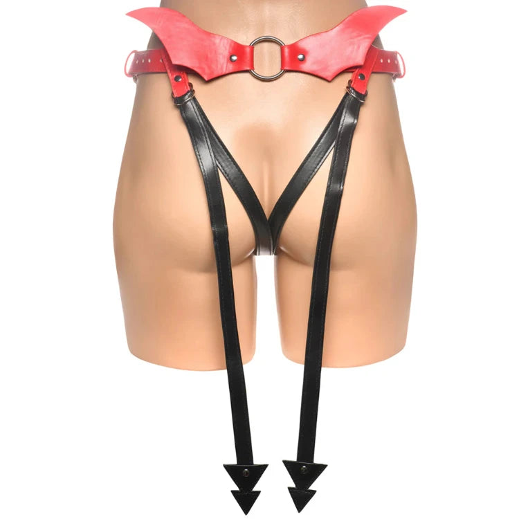 Red bat-wing garter belt with black straps and arrow tips, adult lingerie accessory