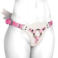 Pink and white leather harness with metal ring and angel wings