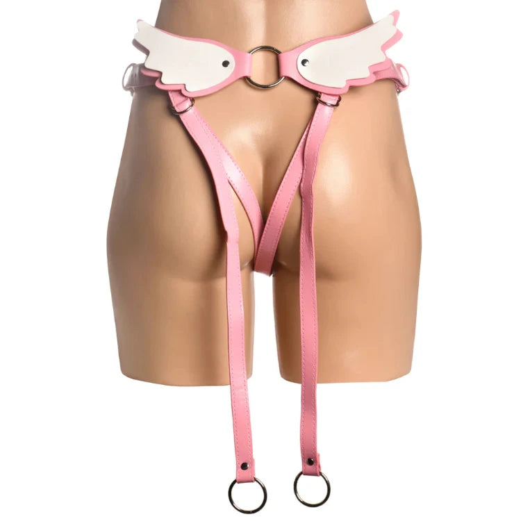 Pink angel wing harness with adjustable straps and metal rings for adult play