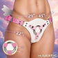 Pink and white adjustable harness with metal ring, measurements shown for fit