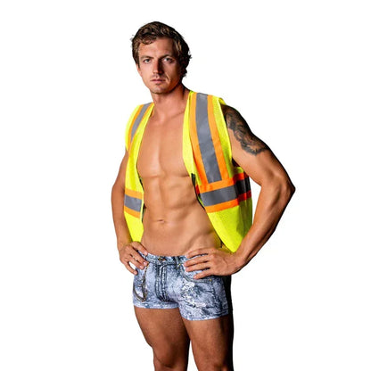 Man in Male Power reflective yellow safety vest and denim-print shorts, construction costume