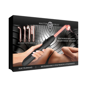 Rechargeable E-stim wand with four attachments shown on sleek packaging