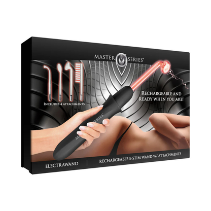 Rechargeable E-stim wand with four attachments shown on sleek packaging