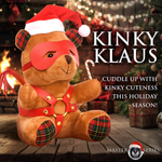 Master Series Brown teddy bear in red harness and mask, Santa hat, plaid ears, in festive holiday setting