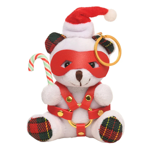 Master Series Holiday bondage teddy bear keychain with red mask, harness, Santa hat and candy cane