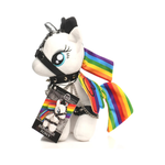 Plush unicorn pony toy with rainbow mane, metallic horn, and decorative harness chains