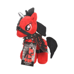 Red plush pony with black harness, silver horn, and black wings, shown on a white background.
