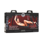 Packaging for Masters Series Slinger nylon sex sling featuring a woman using the product.