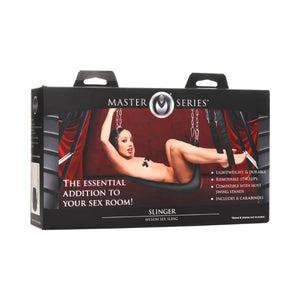 Packaging for Masters Series Slinger nylon sex sling featuring a woman using the product.