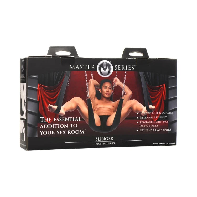 Masters Series Slinger Nylon Sex Sling packaging with demonstration image.