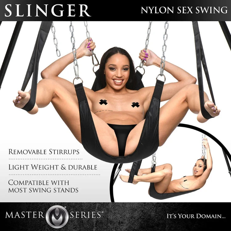 Woman using the Master Series Slinger nylon sex sling for support and positioning.