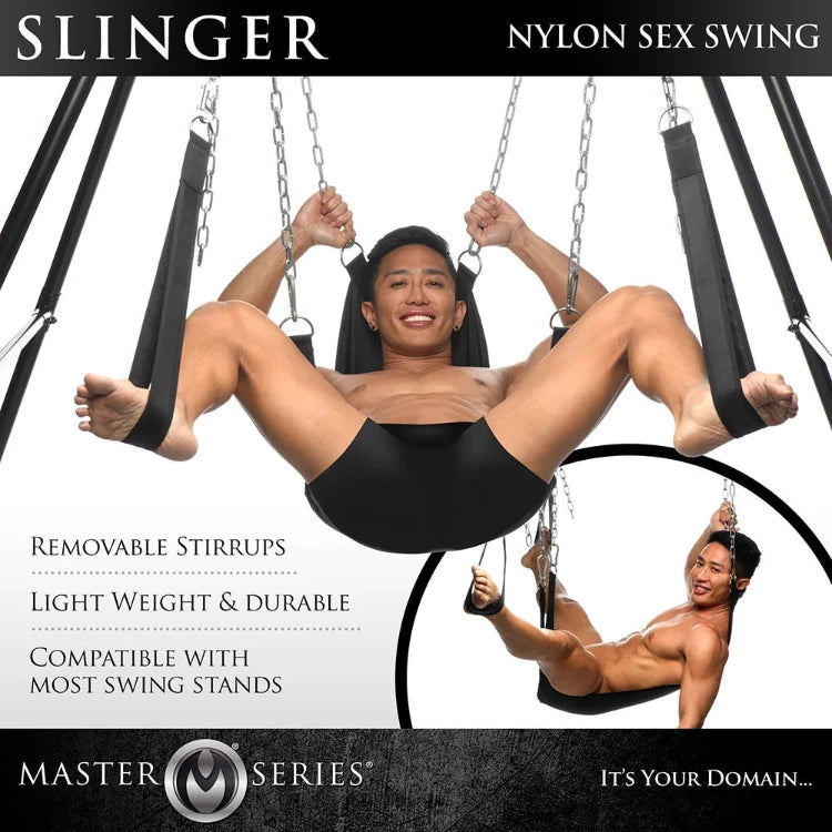 Man using the Masters Series Slinger nylon sex sling on a swing stand.