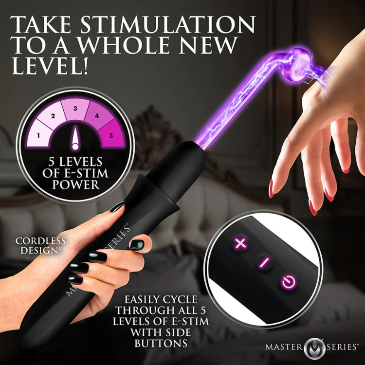 Rechargeable e-stim wand with purple electric arc, multiple power levels, and attachment details
