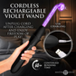 Cordless rechargeable violet wand with USB charging port, glowing purple electrode, and timer icon