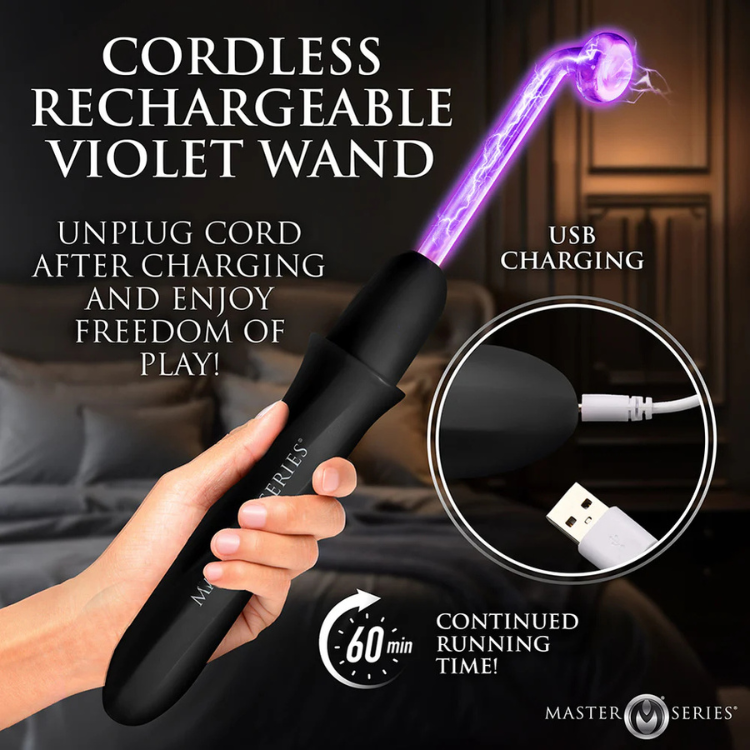 Cordless rechargeable violet wand with USB charging port, glowing purple electrode, and timer icon