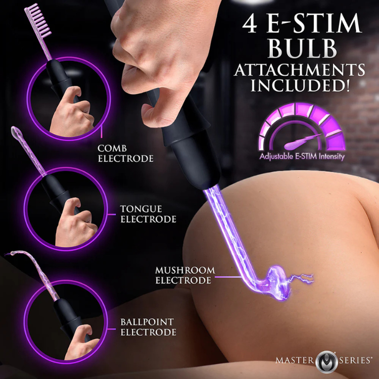 Rechargeable e-stim wand with four electrode attachments and adjustable intensity.