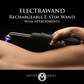 Hand holding rechargeable e-stim wand with attachment touching bare skin