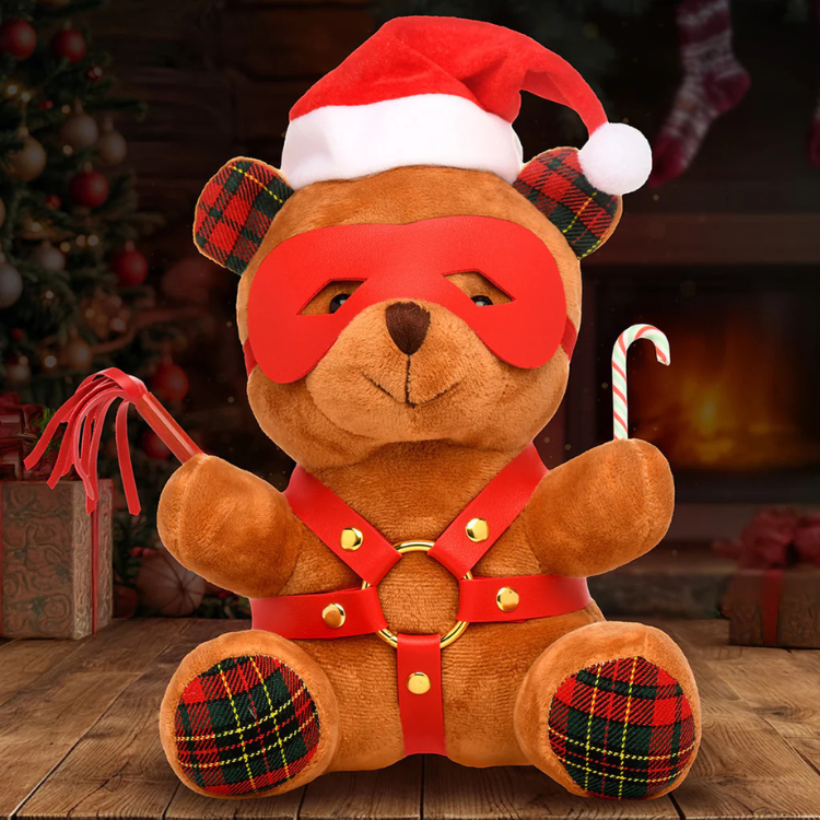 Master Series Brown teddy bear in red harness, Santa hat, red mask, holding a whip and candy cane, Christmas decor