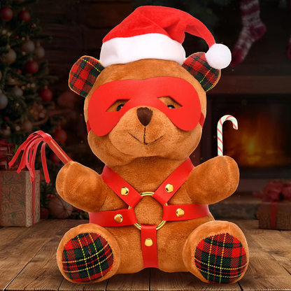Master Series Brown teddy bear in red harness, Santa hat, red mask, holding a whip and candy cane, Christmas decor