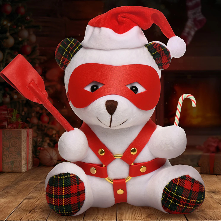 Master Series White holiday teddy bear in red harness, Santa hat, plaid ears, holding candy cane and paddle