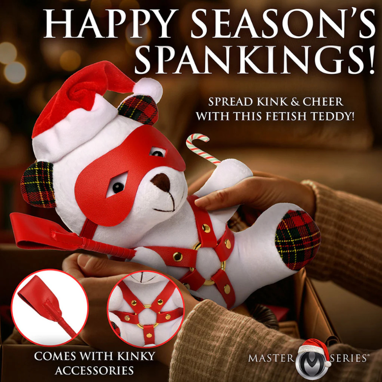 Master Series White bondage bear in red bondage harness and mask, Santa hat, plaid ears, holiday fetish gift