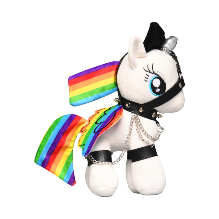 Plush white pony with rainbow wings and tail, harness, collar, and chain accessories