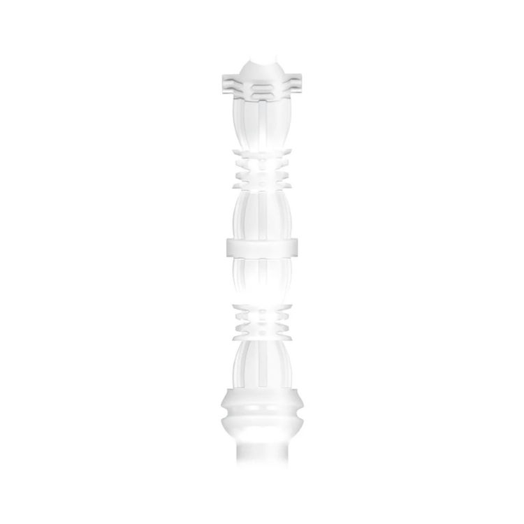 Clear textured silicone stroker sleeve with ribbed segments on white background