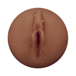 Realistic textured male pleasure sleeve with lifelike vaginal orifice, close-up view