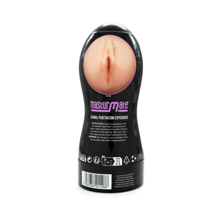Realistic vaginal male stroker adult toy with flesh-tone opening and black casing