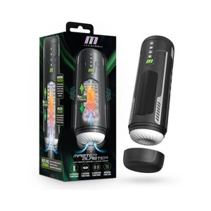 Black automatic male stroker with textured sleeve, packaging, and detachable cap.
