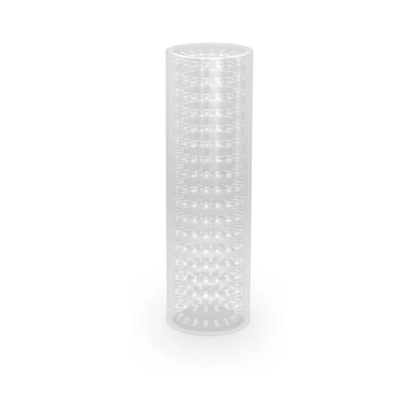 Clear reversible stroker sleeve with textured interior for men, standing upright on white background