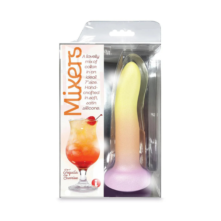 Gradient pastel silicone pleasure toy in clear packaging labeled Mixers Tequila Sunrise.