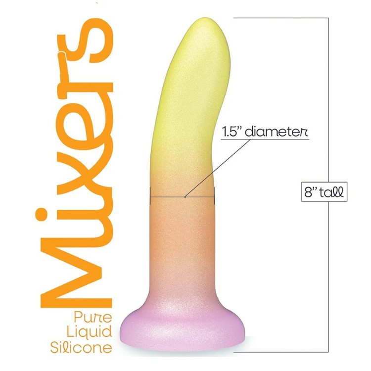 Colorful silicone dildo, 8 inches tall, 1.5 inch diameter, with flared base and gradient colors.