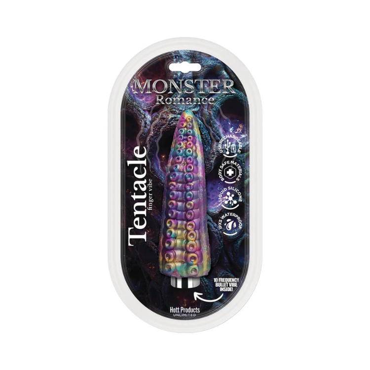 Colorful silicone tentacle finger sleeve with textured bumps, bullet vibe in retail packaging