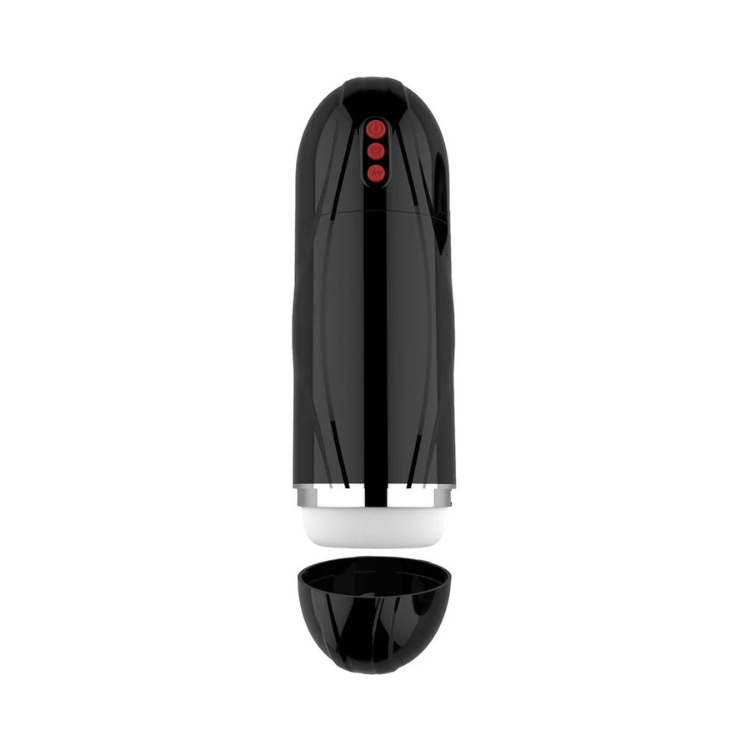 Black vibrating male masturbation device with red control buttons and removable cap