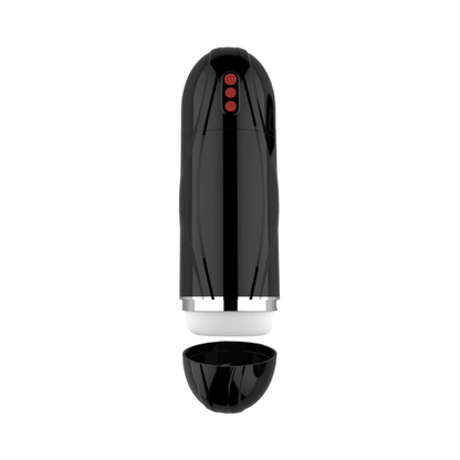 Black vibrating male masturbation device with red control buttons and removable cap