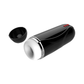 Black vibrating male masturbator with white silicone opening and red control buttons, detachable cap included