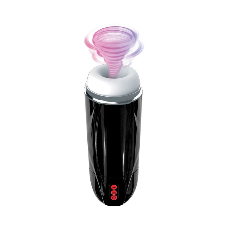 Black vibrating male masturbator with white soft silicone opening and pink swirling suction effect